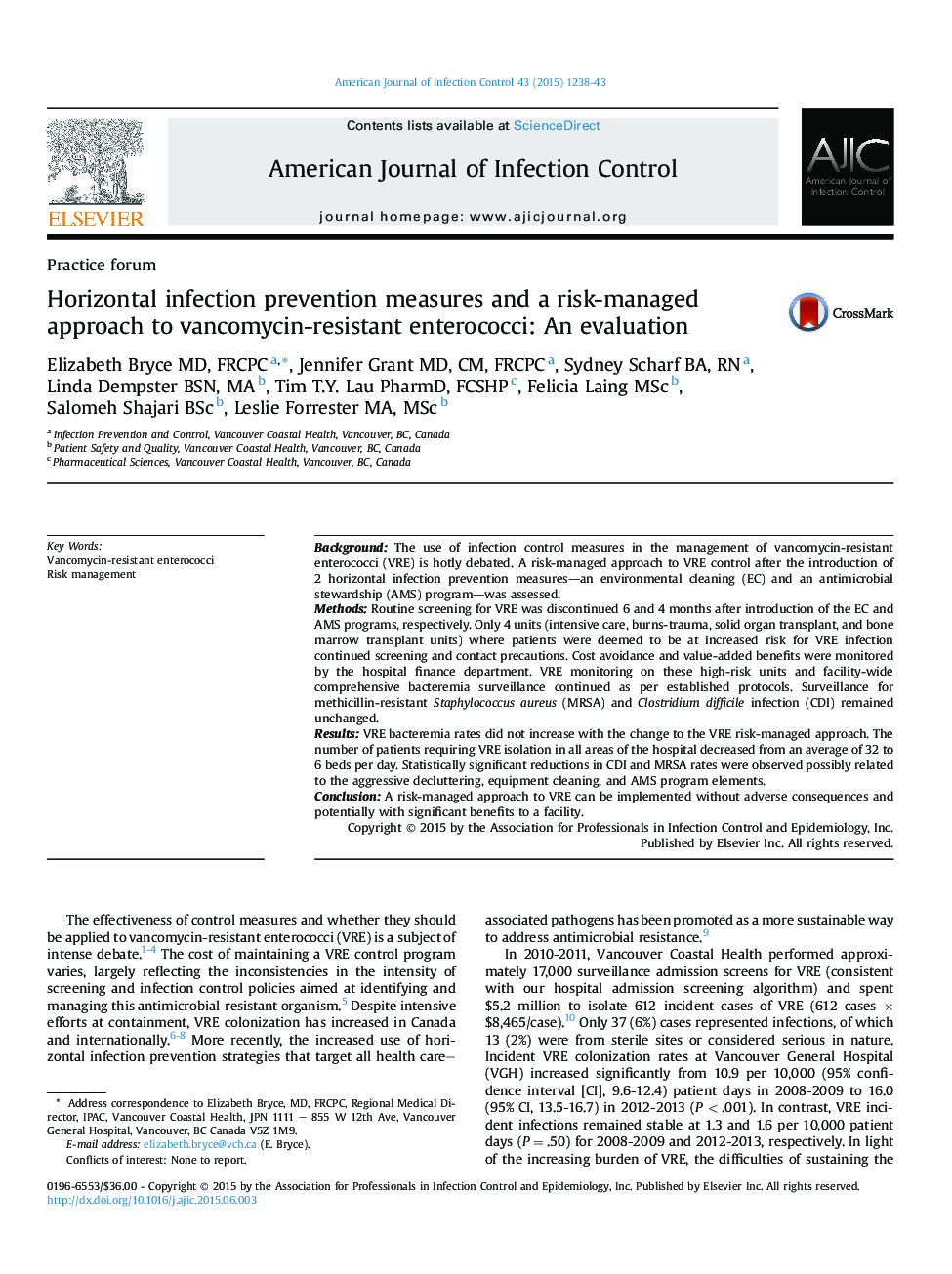 Practice forumHorizontal infection prevention measures and a risk-managed approach to vancomycin-resistant enterococci: An evaluation