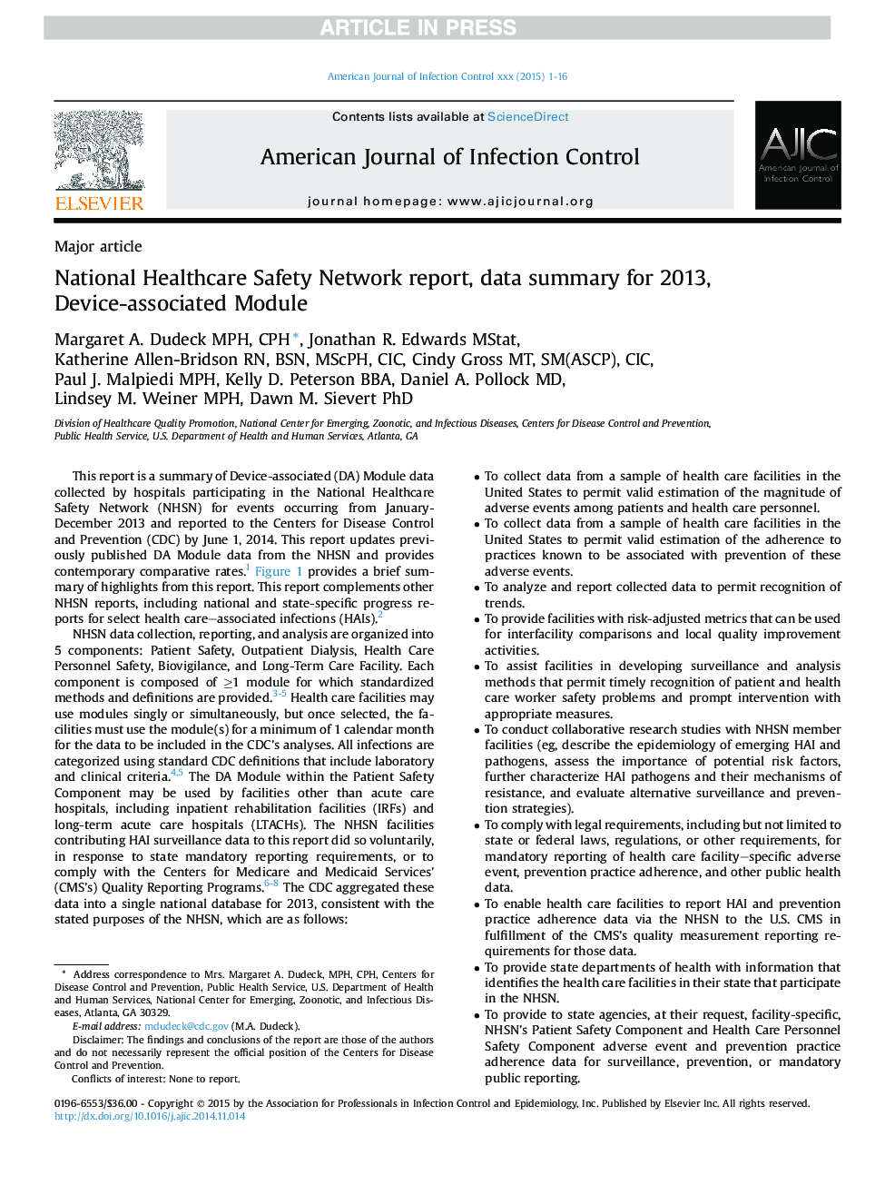 National Healthcare Safety Network report, data summary for 2013, Device-associated Module