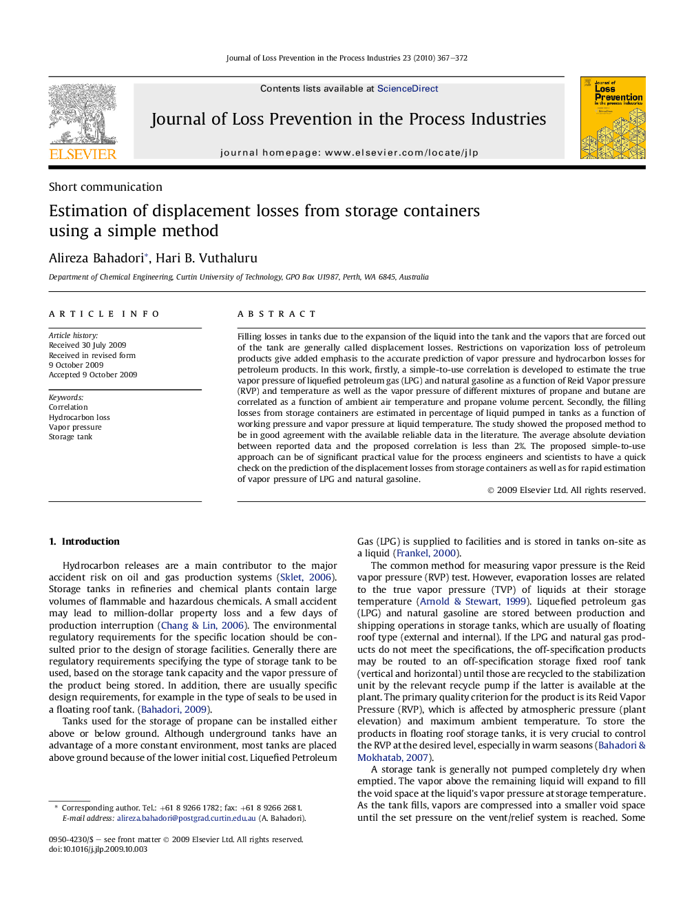 Estimation of displacement losses from storage containers using a simple method