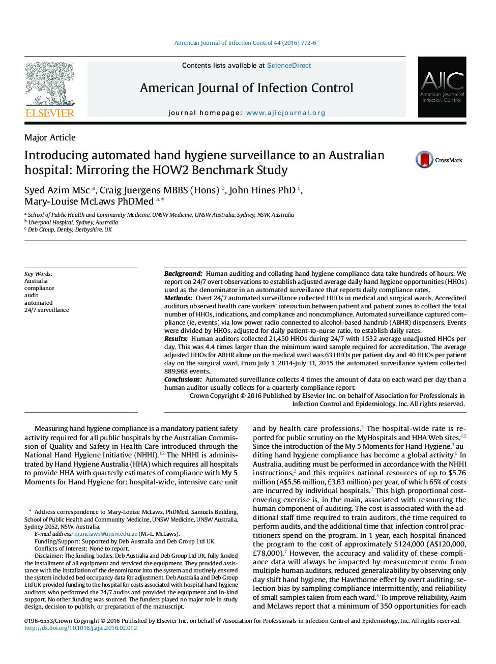 Major ArticleIntroducing automated hand hygiene surveillance to an Australian hospital: Mirroring the HOW2 Benchmark Study