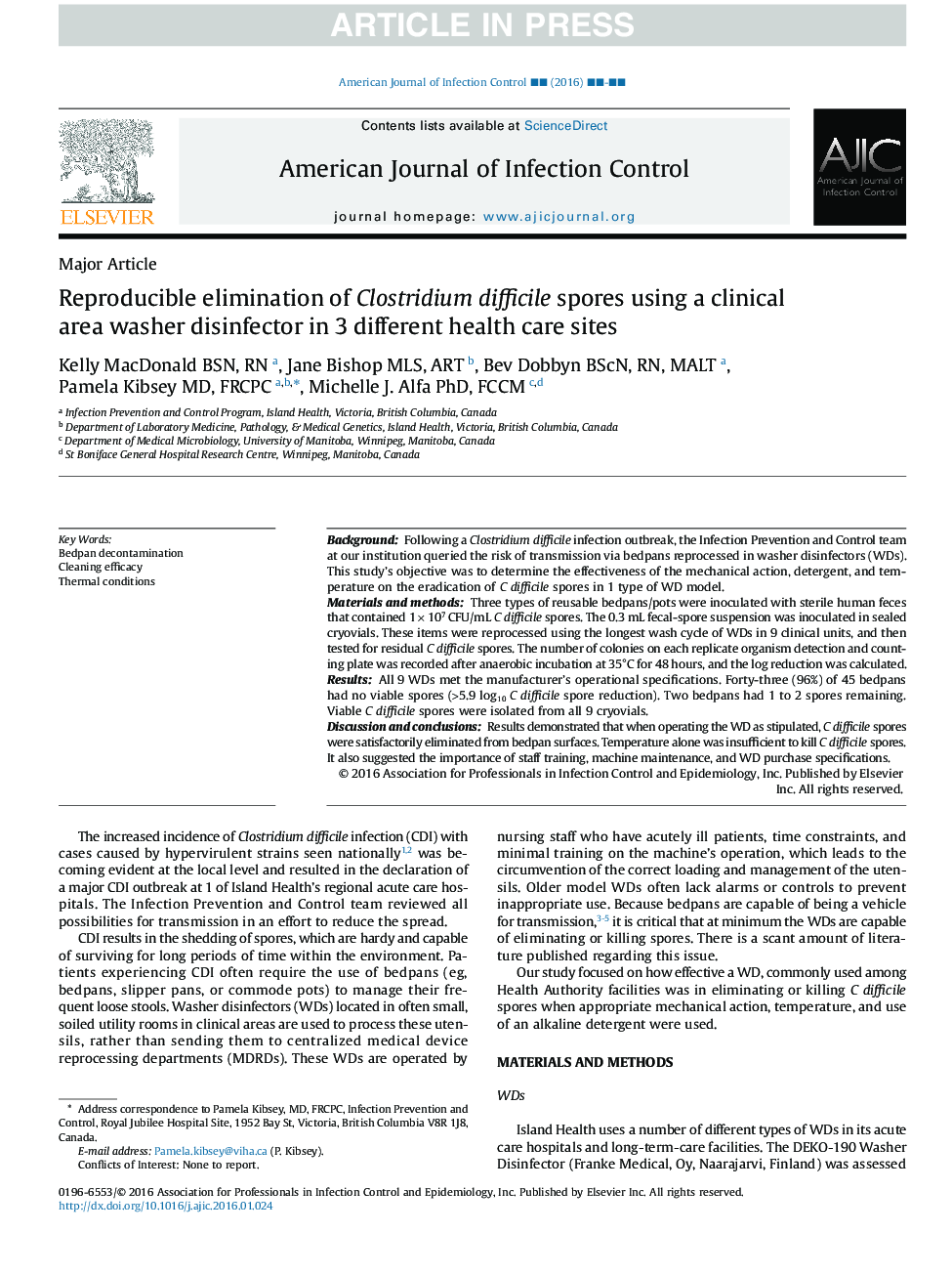 Reproducible elimination of Clostridium difficile spores using a clinical area washer disinfector in 3 different health care sites