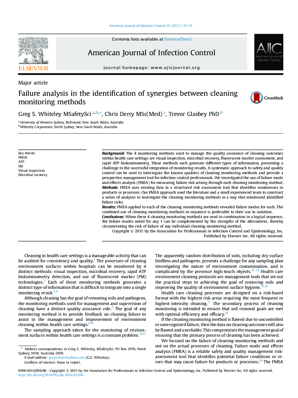 Major articleFailure analysis in the identification of synergies between cleaning monitoring methods