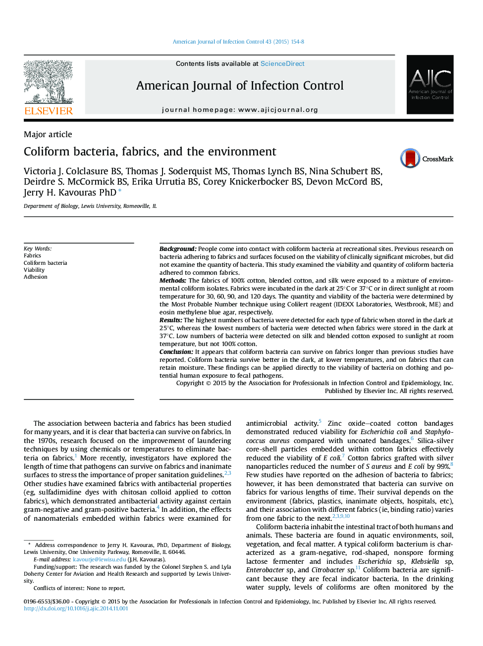 Coliform bacteria, fabrics, and the environment