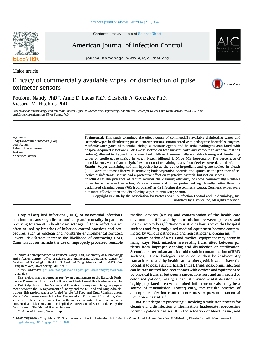 Major articleEfficacy of commercially available wipes for disinfection of pulse oximeter sensors