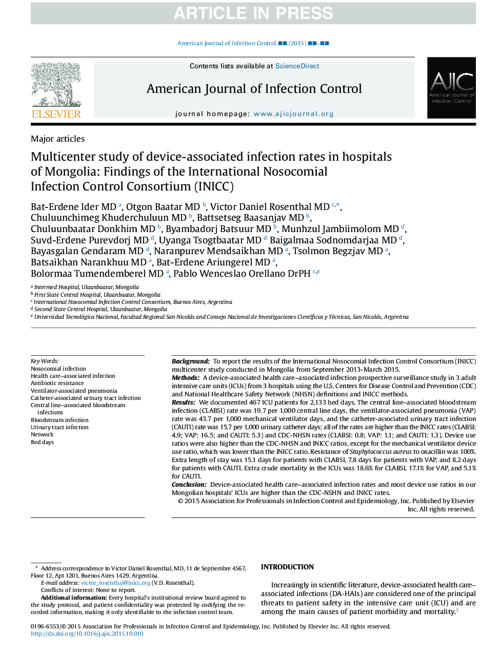 Multicenter study of device-associated infection rates in hospitals of Mongolia: Findings of the International Nosocomial Infection Control Consortium (INICC)