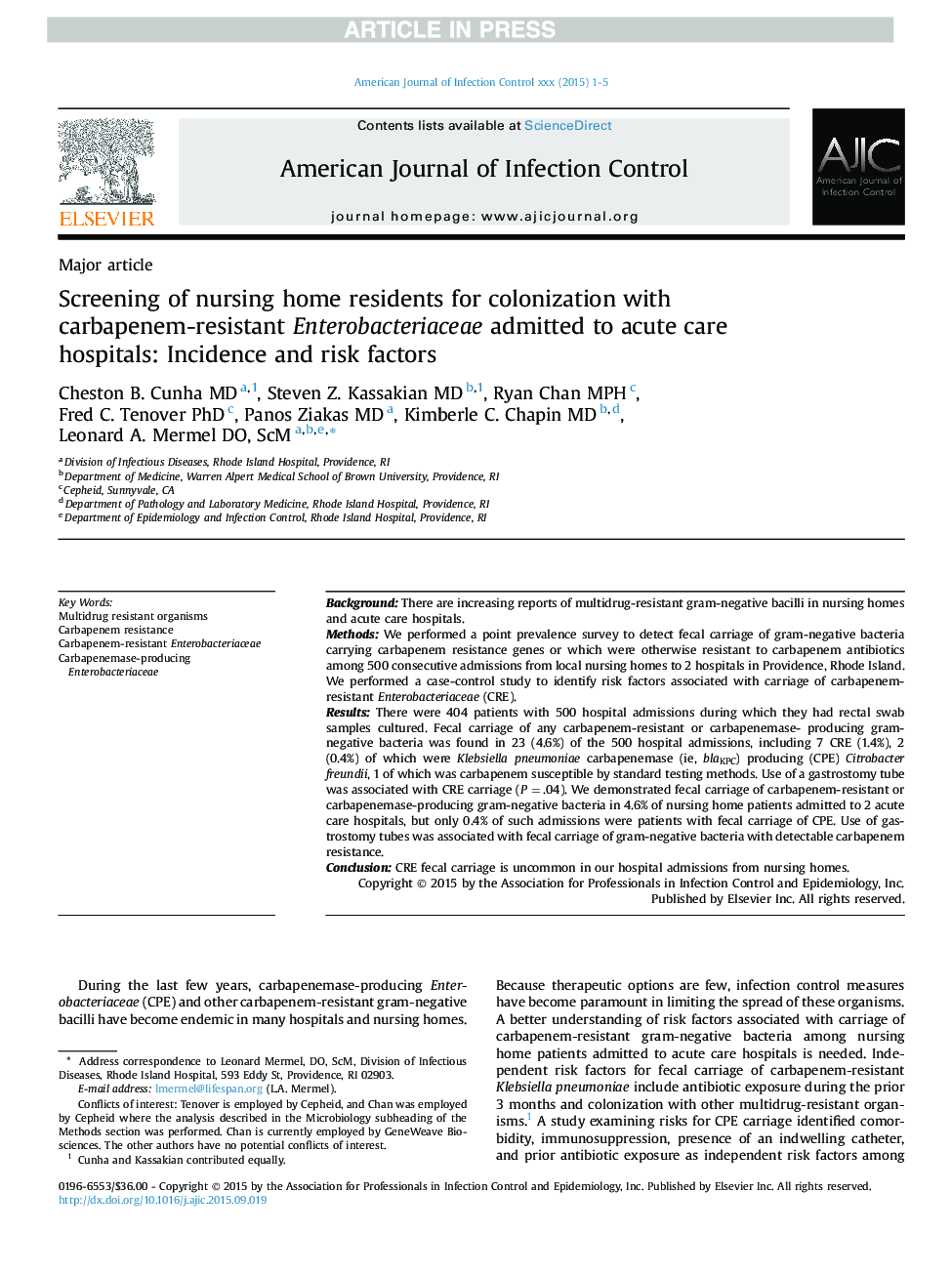 Screening of nursing home residents for colonization with carbapenem-resistant Enterobacteriaceae admitted to acute care hospitals: Incidence and risk factors