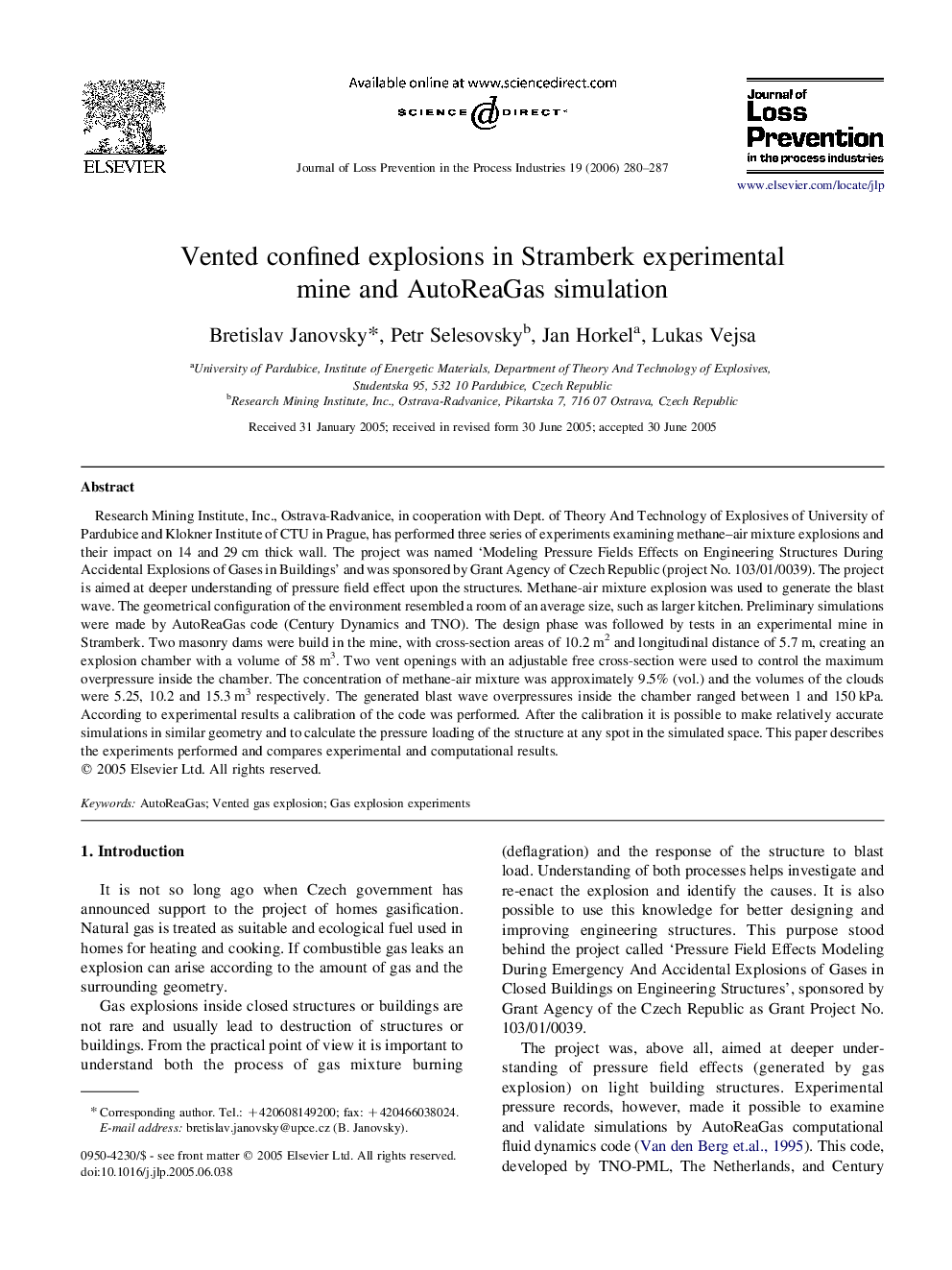 Vented confined explosions in Stramberk experimental mine and AutoReaGas simulation