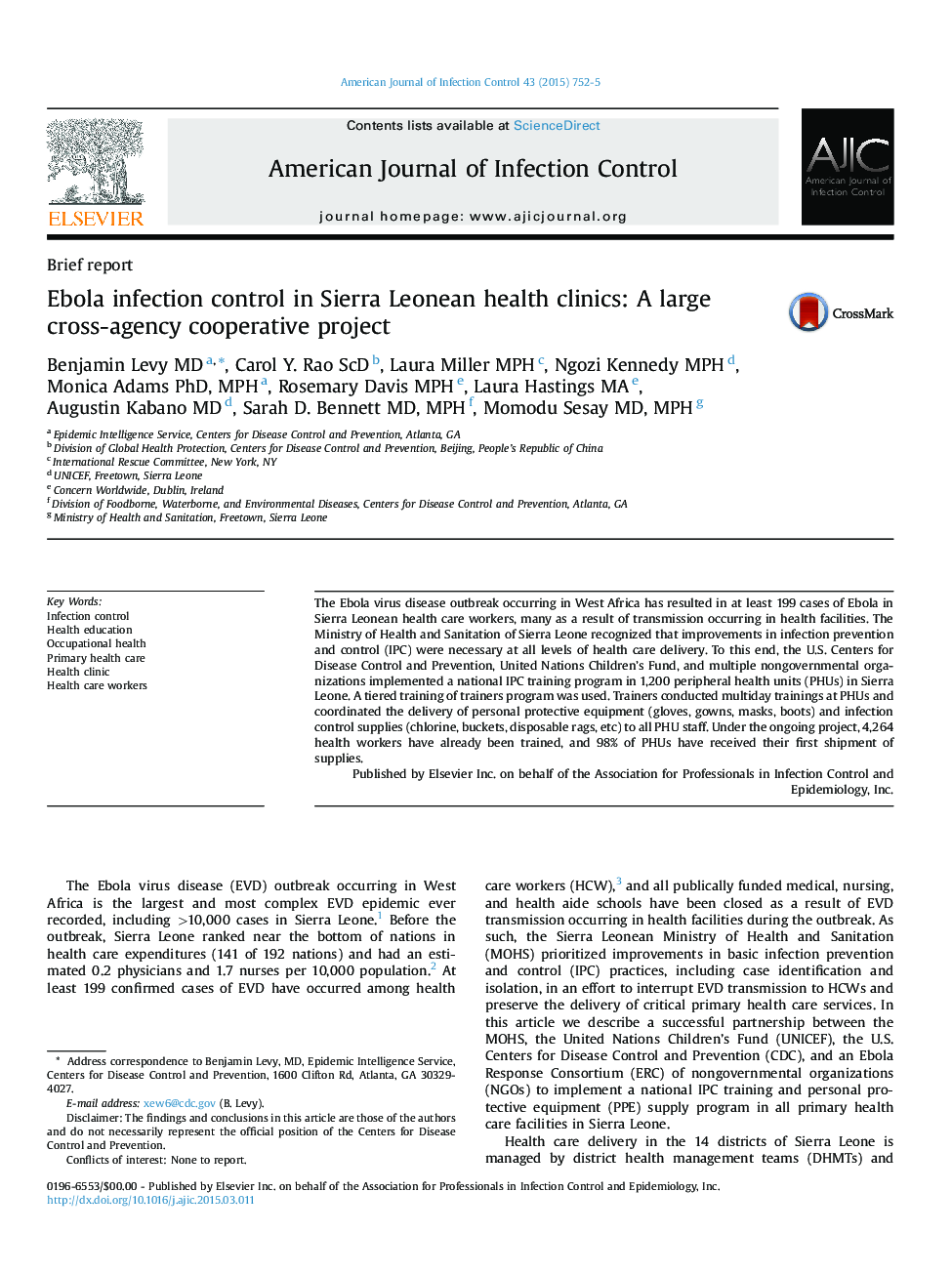 Ebola infection control in Sierra Leonean health clinics: A large cross-agency cooperative project