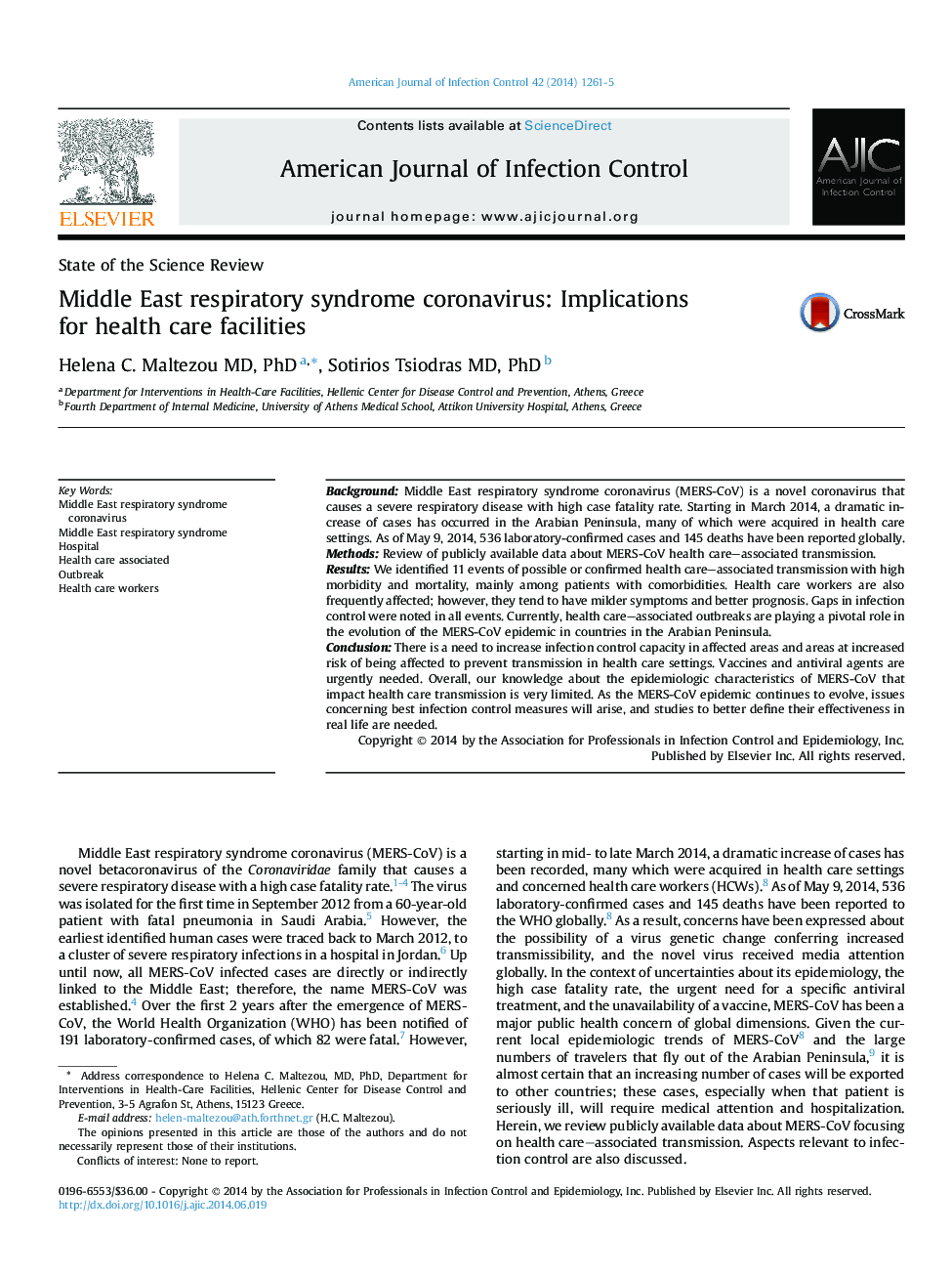 State of the Science ReviewMiddle East respiratory syndrome coronavirus: Implications for health care facilities