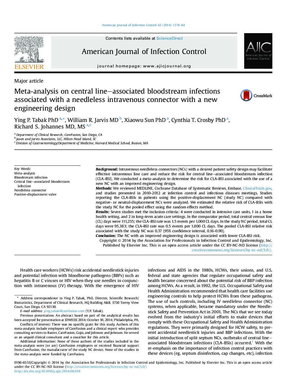 Meta-analysis on central line-associated bloodstream infections associated with a needleless intravenous connector with a new engineering design