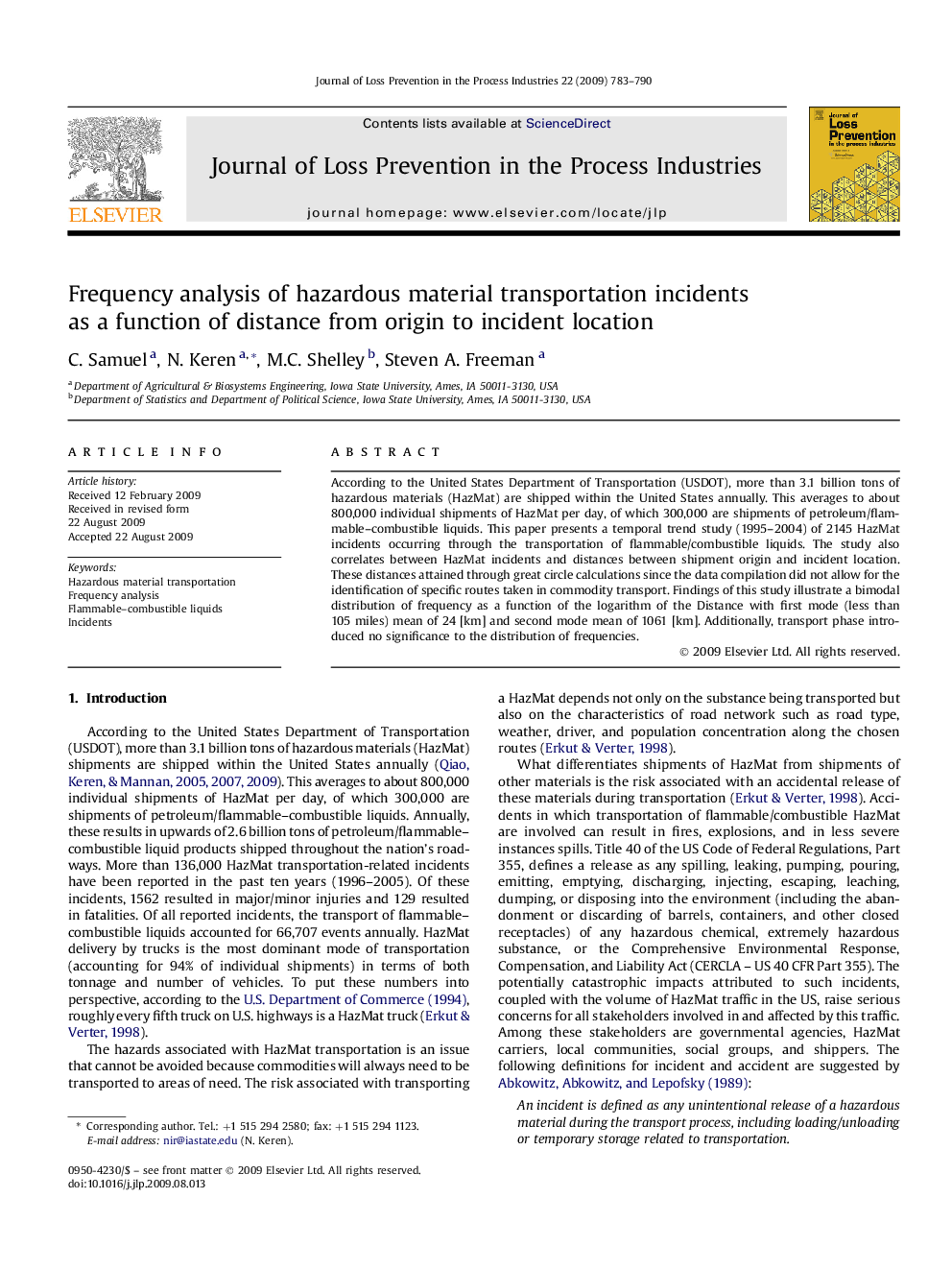 Frequency analysis of hazardous material transportation incidents as a function of distance from origin to incident location