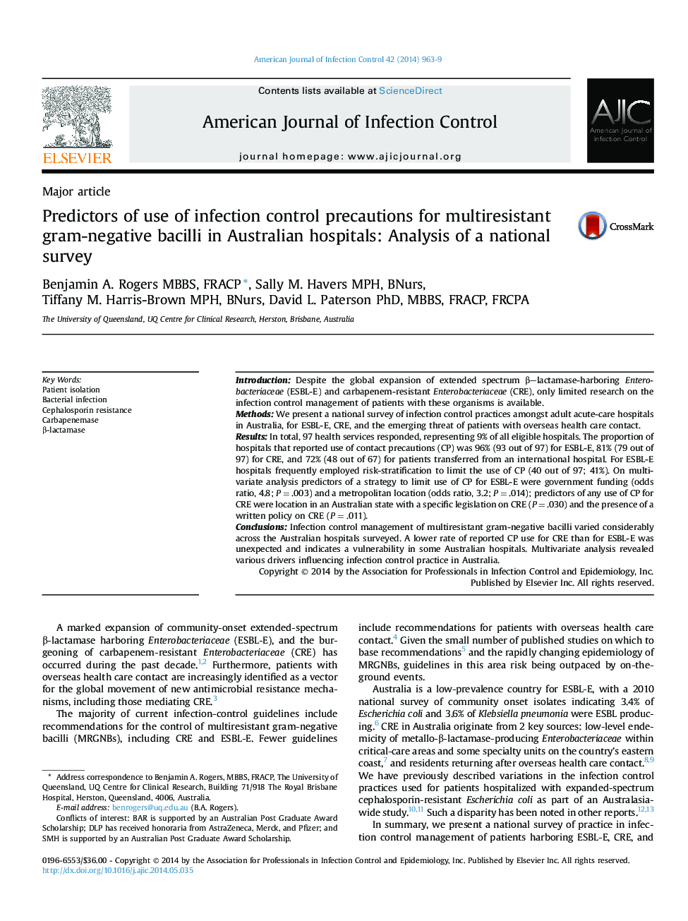 Predictors of use of infection control precautions for multiresistant gram-negative bacilli in Australian hospitals: Analysis of a national survey