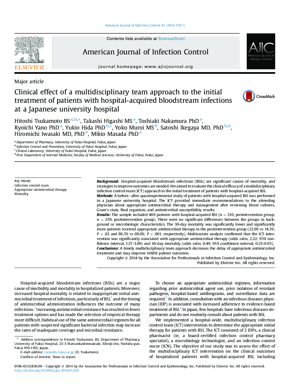 Major articleClinical effect of a multidisciplinary team approach to the initial treatment of patients with hospital-acquired bloodstream infections at a Japanese university hospital