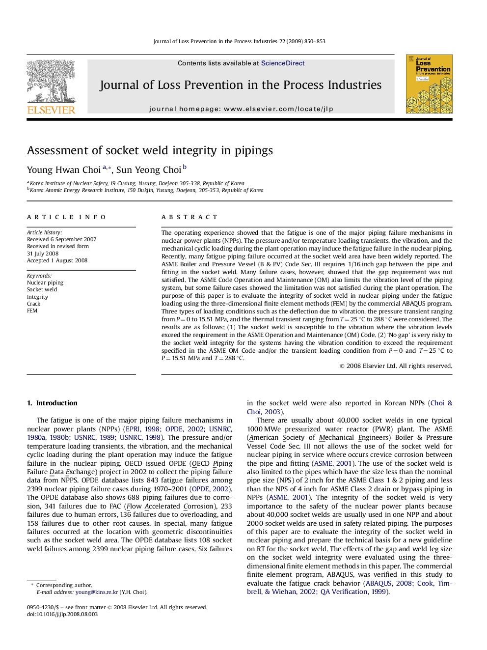 Assessment of socket weld integrity in pipings