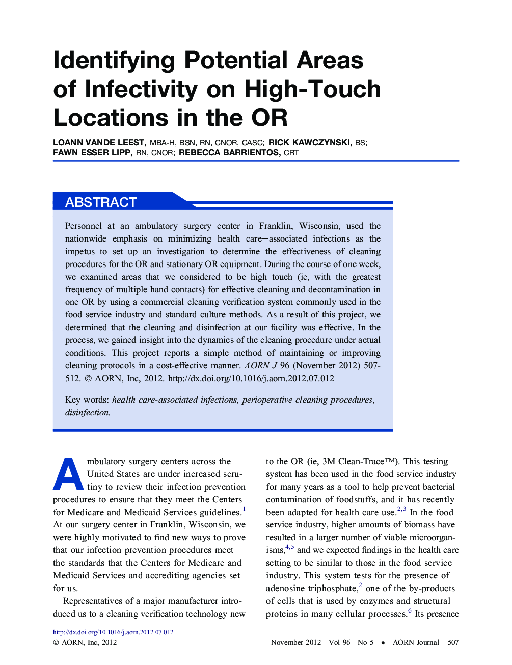 Identifying Potential Areas of Infectivity on High-Touch Locations in the OR