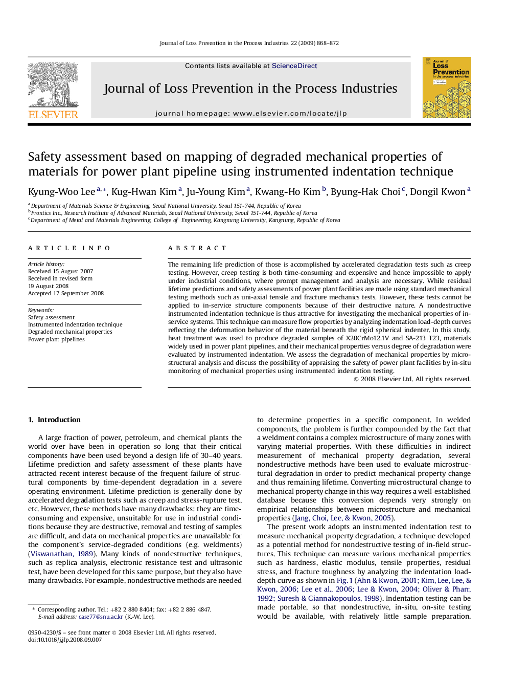 Safety assessment based on mapping of degraded mechanical properties of materials for power plant pipeline using instrumented indentation technique