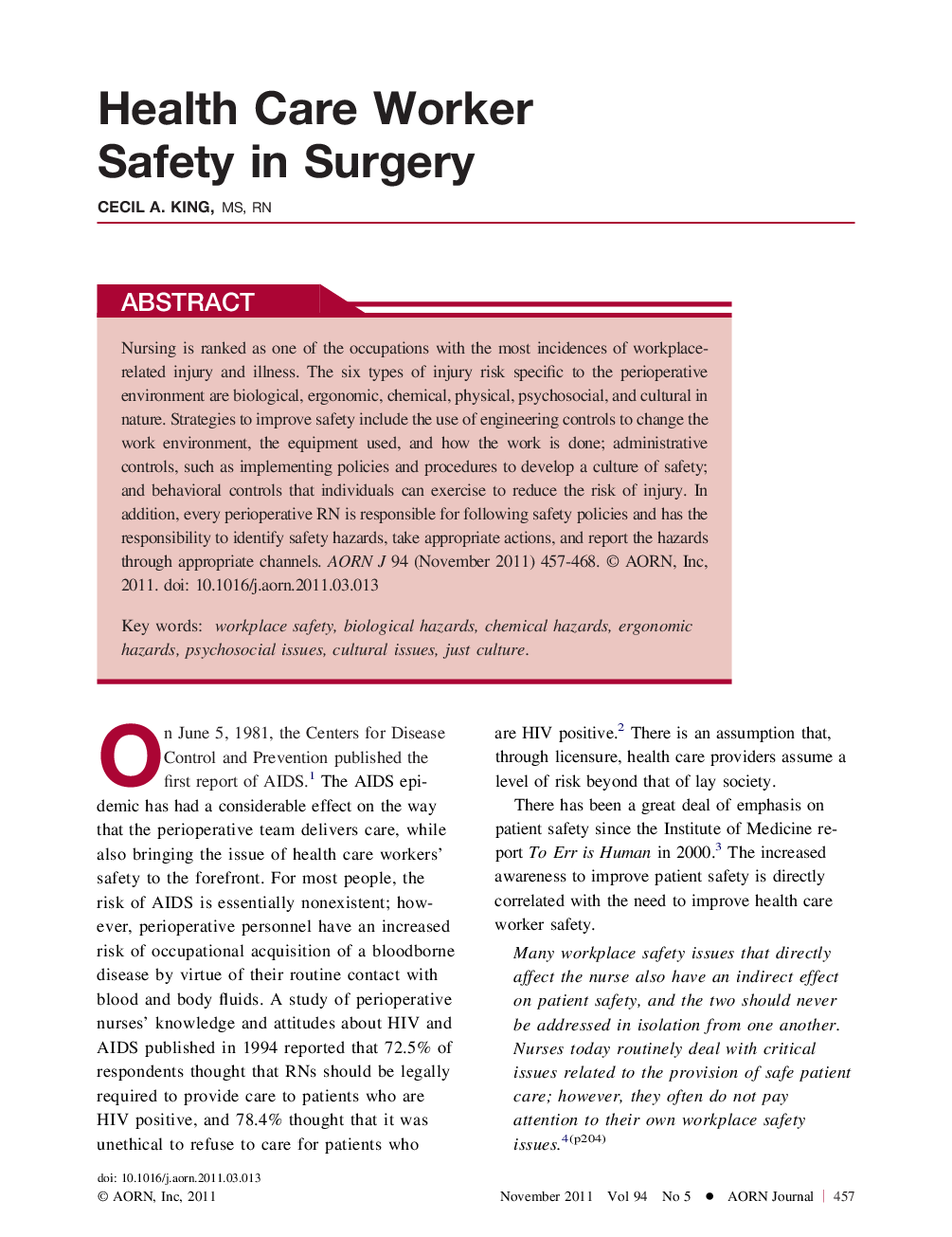 Health Care Worker Safety in Surgery