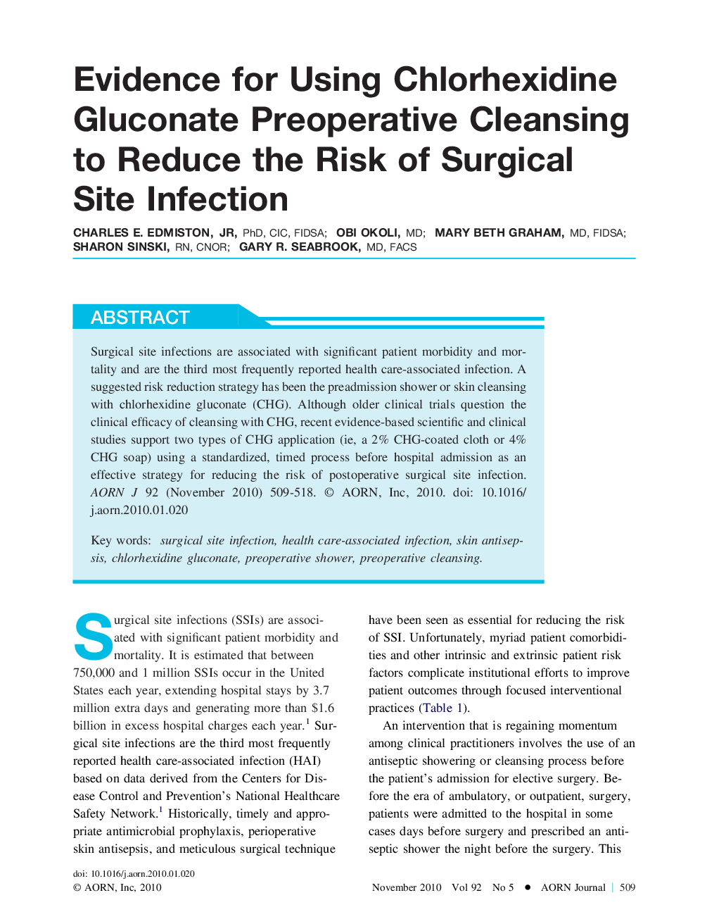 Evidence for Using Chlorhexidine Gluconate Preoperative Cleansing to Reduce the Risk of Surgical Site Infection