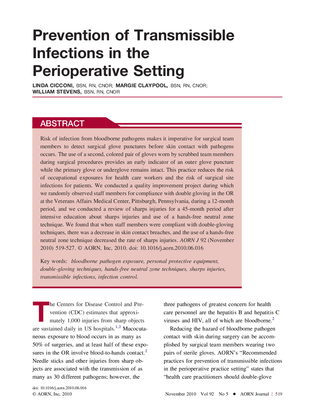 Prevention of Transmissible Infections in the Perioperative Setting