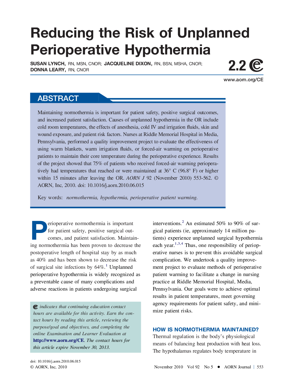 Reducing the Risk of Unplanned Perioperative Hypothermia