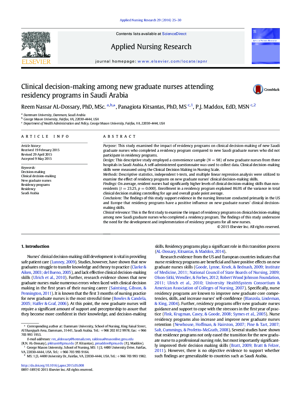 Original ArticleClinical decision-making among new graduate nurses attending residency programs in Saudi Arabia