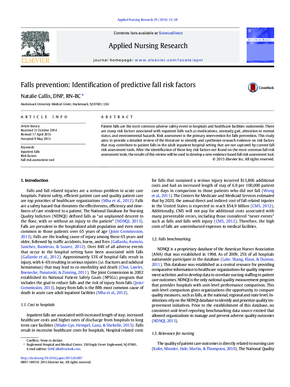 Original ArticleFalls prevention: Identification of predictive fall risk factors