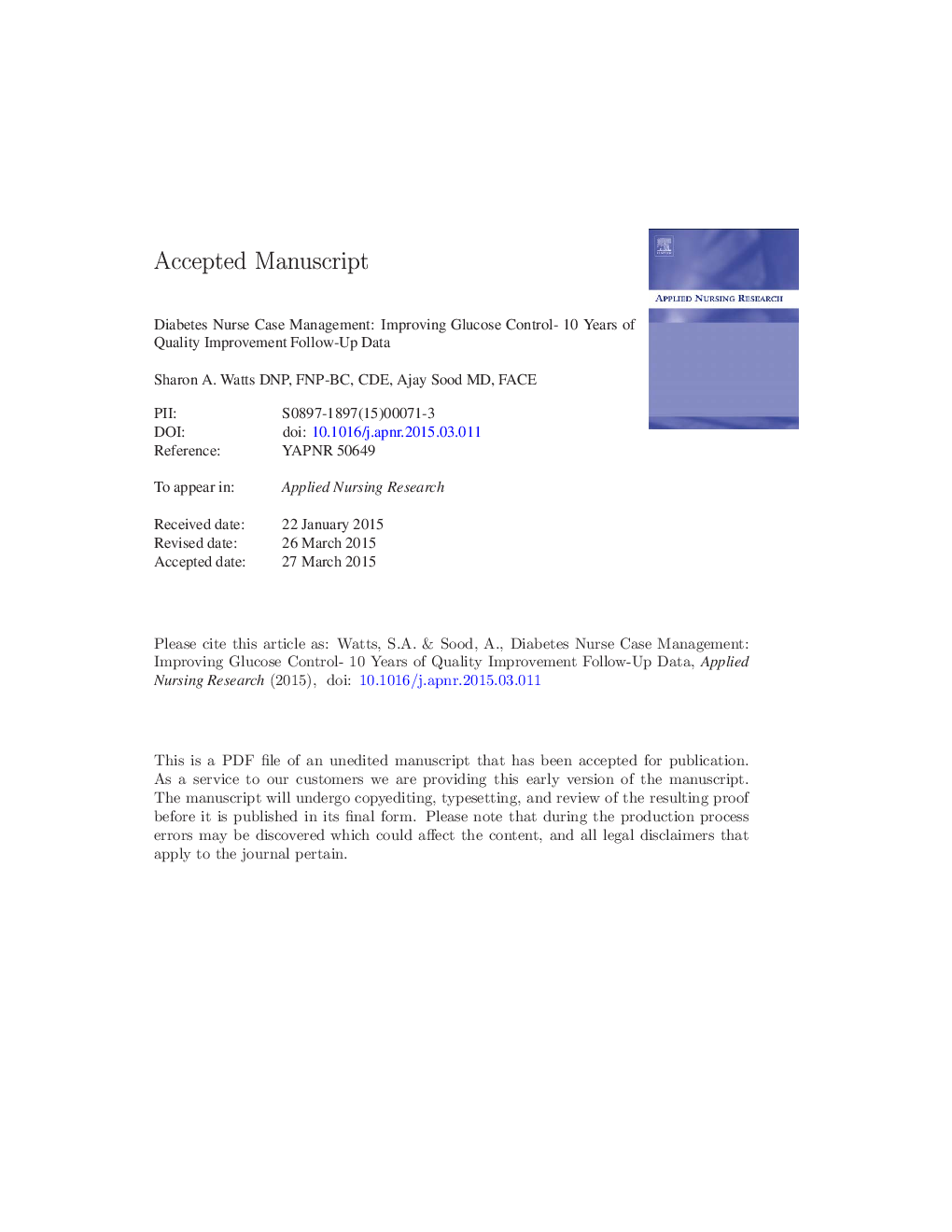 Diabetes nurse case management: Improving glucose control: 10Â years of quality improvement follow-up data