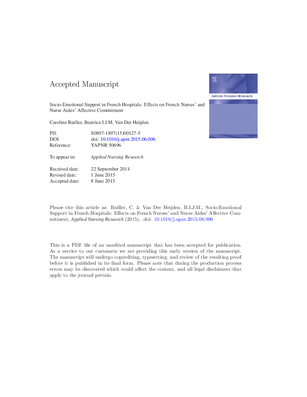 Socio-emotional support in French hospitals: Effects on French nurses' and nurse aides' affective commitment