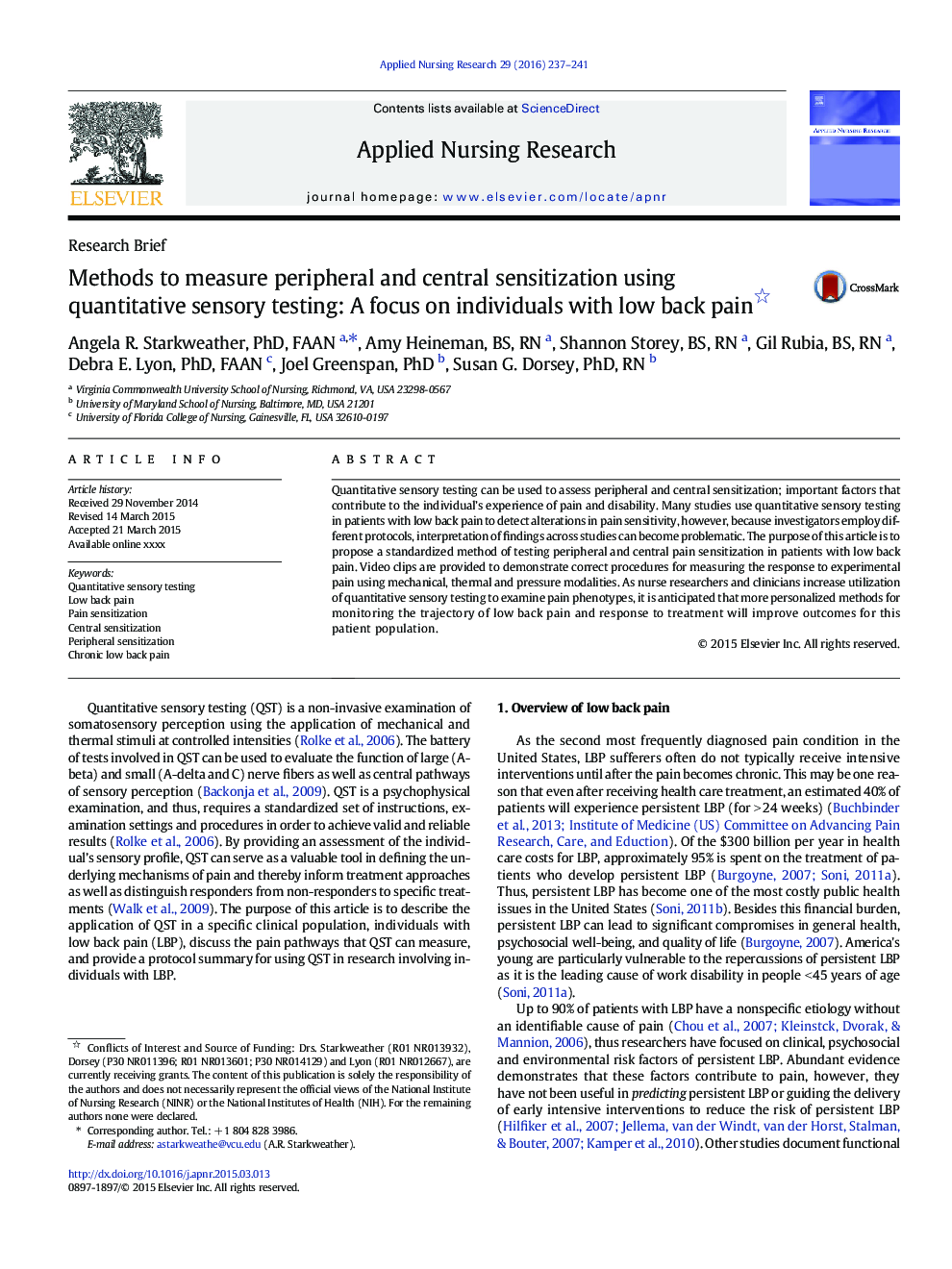 Methods to measure peripheral and central sensitization using quantitative sensory testing: A focus on individuals with low back pain