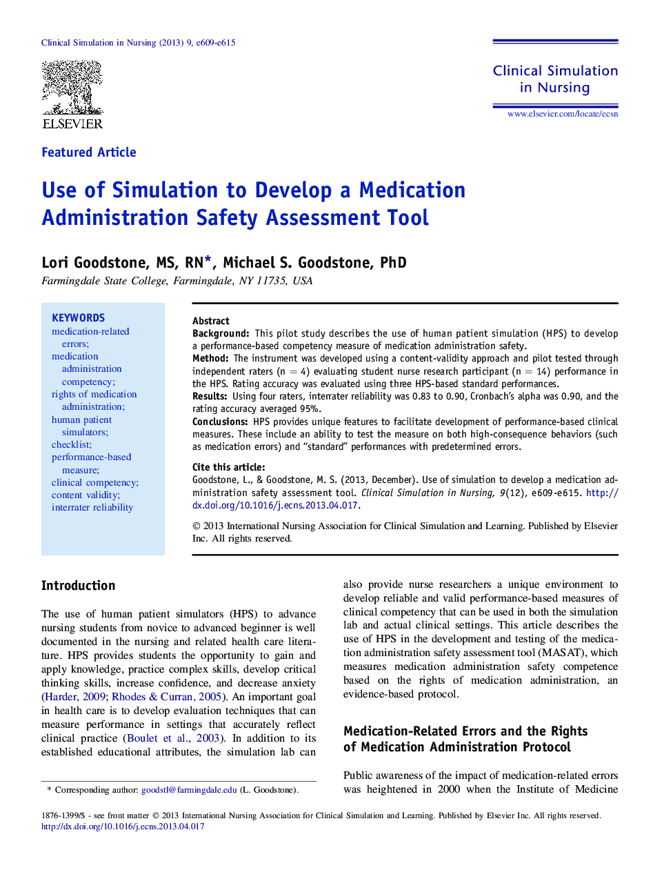 Featured ArticleUse of Simulation to Develop a Medication Administration Safety Assessment Tool