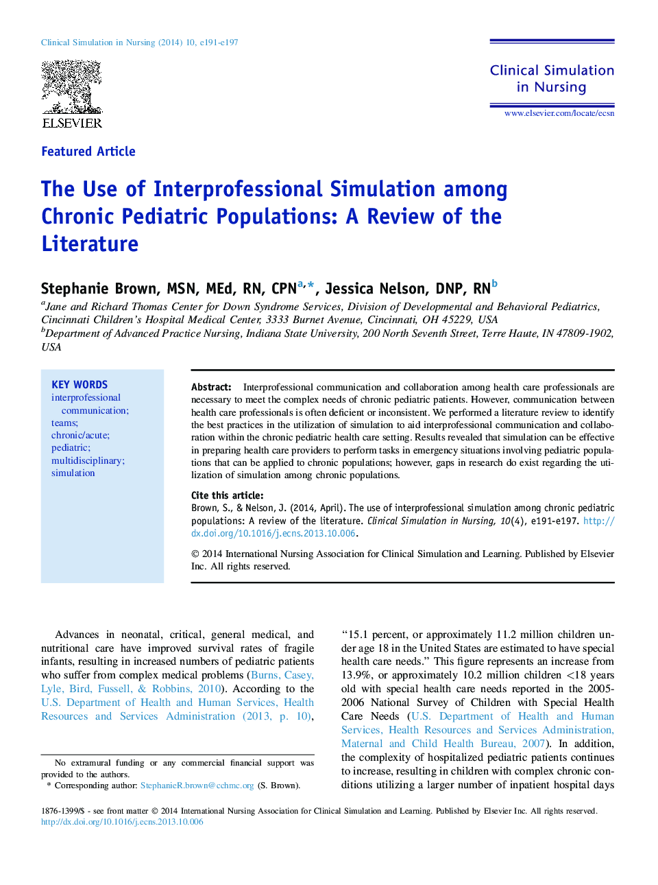 The Use of Interprofessional Simulation among Chronic Pediatric Populations: A Review of the Literature
