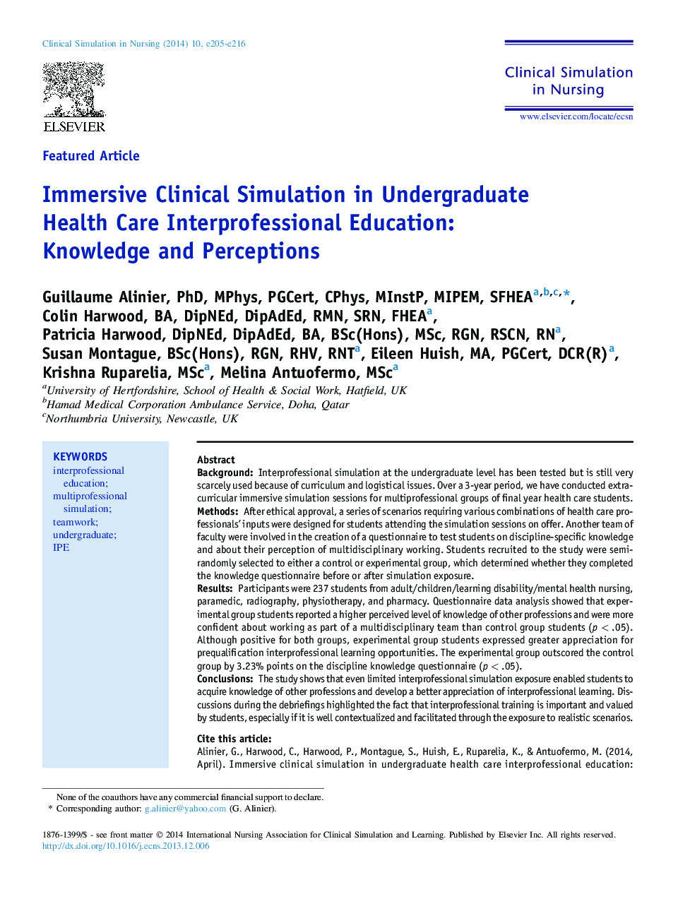 Featured ArticleImmersive Clinical Simulation in Undergraduate Health Care Interprofessional Education: Knowledge and Perceptions