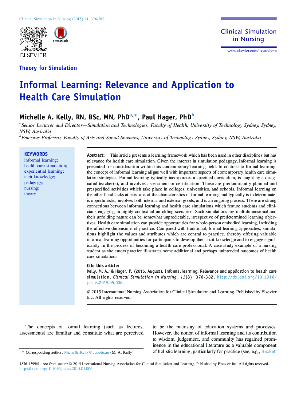 Theory for SimulationInformal Learning: Relevance and Application to Health Care Simulation