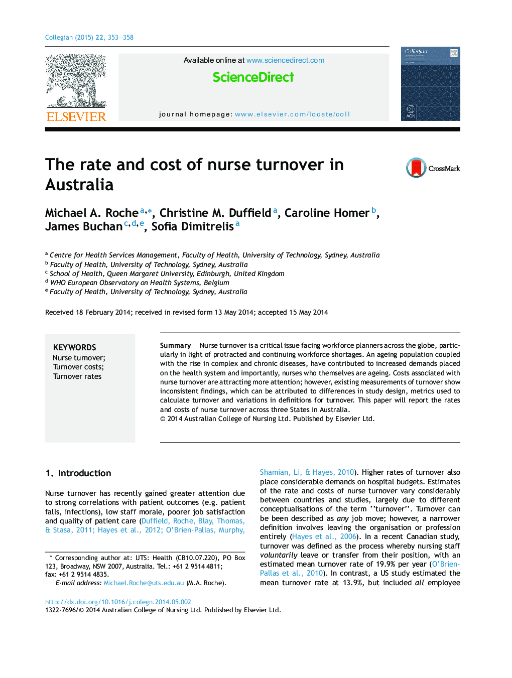 The rate and cost of nurse turnover in Australia