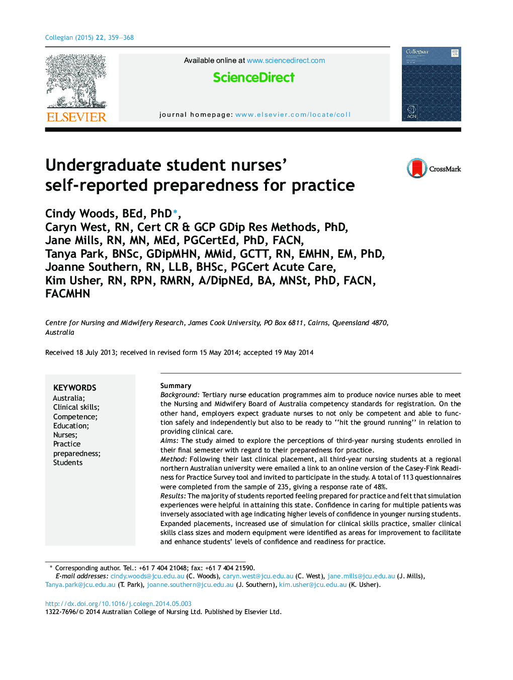 Undergraduate student nurses' self-reported preparedness for practice