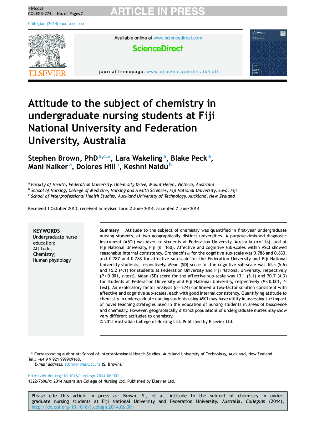 Attitude to the subject of chemistry in undergraduate nursing students at Fiji National University and Federation University, Australia