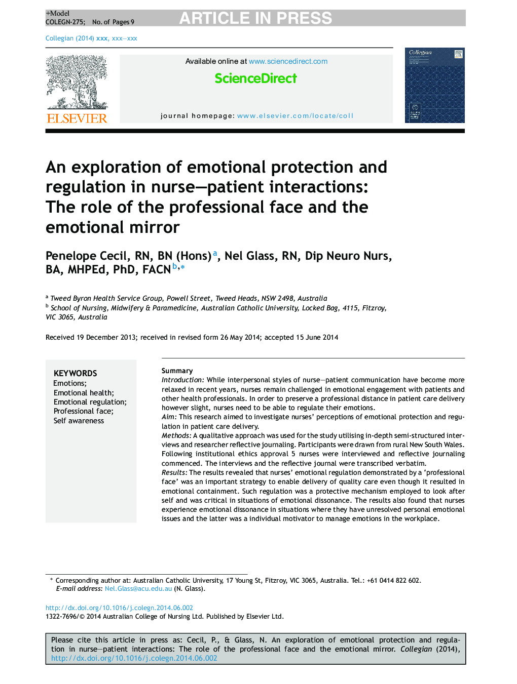 An exploration of emotional protection and regulation in nurse-patient interactions: The role of the professional face and the emotional mirror