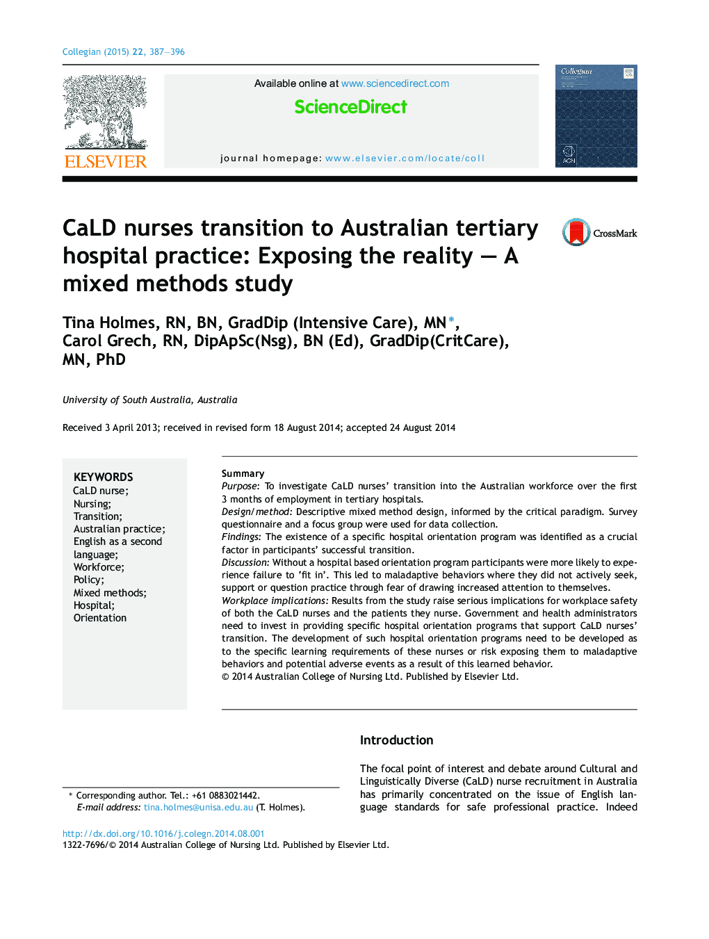 CaLD nurses transition to Australian tertiary hospital practice: Exposing the reality - A mixed methods study