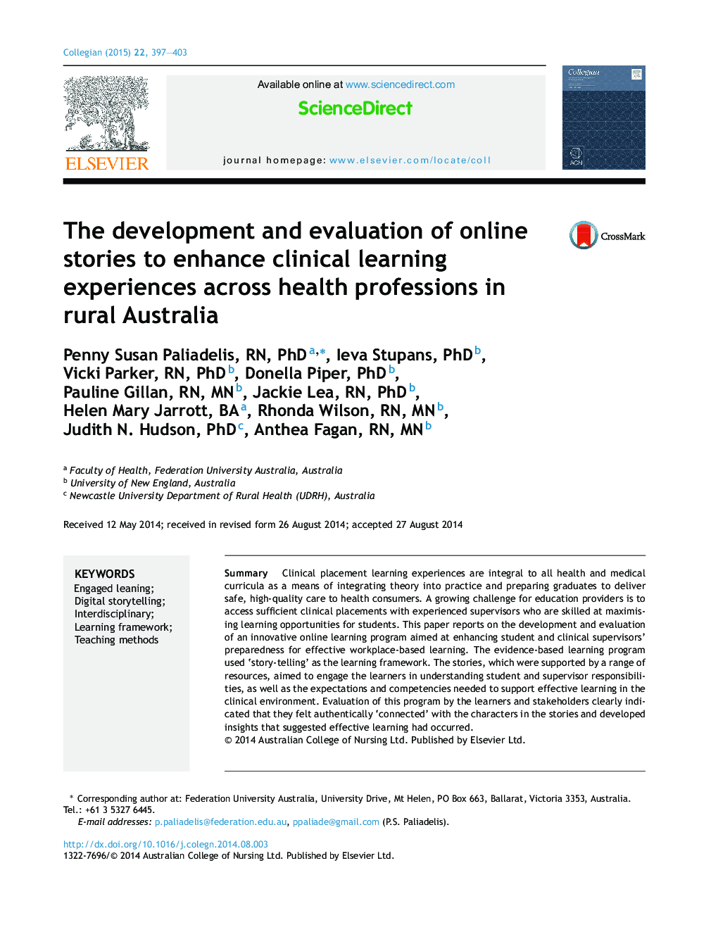 توسعه و ارزیابی داستان های آنلاین برای افزایش تجربه یادگیری بالینی در حرفه های بهداشتی در استرالیا روستایی 
