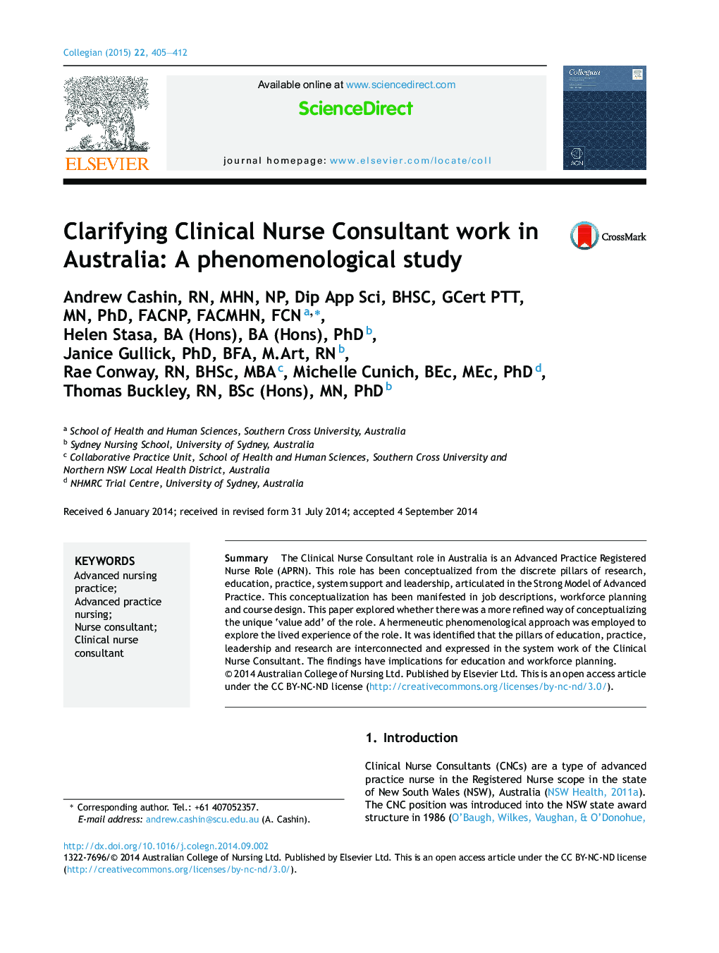 Clarifying Clinical Nurse Consultant work in Australia: A phenomenological study
