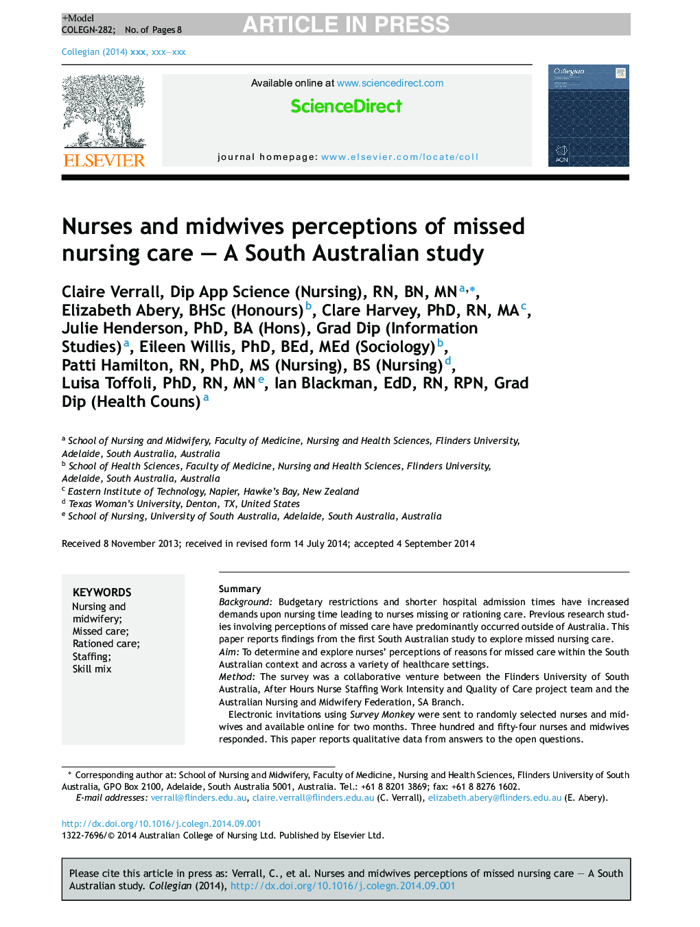 Nurses and midwives perceptions of missed nursing care - A South Australian study