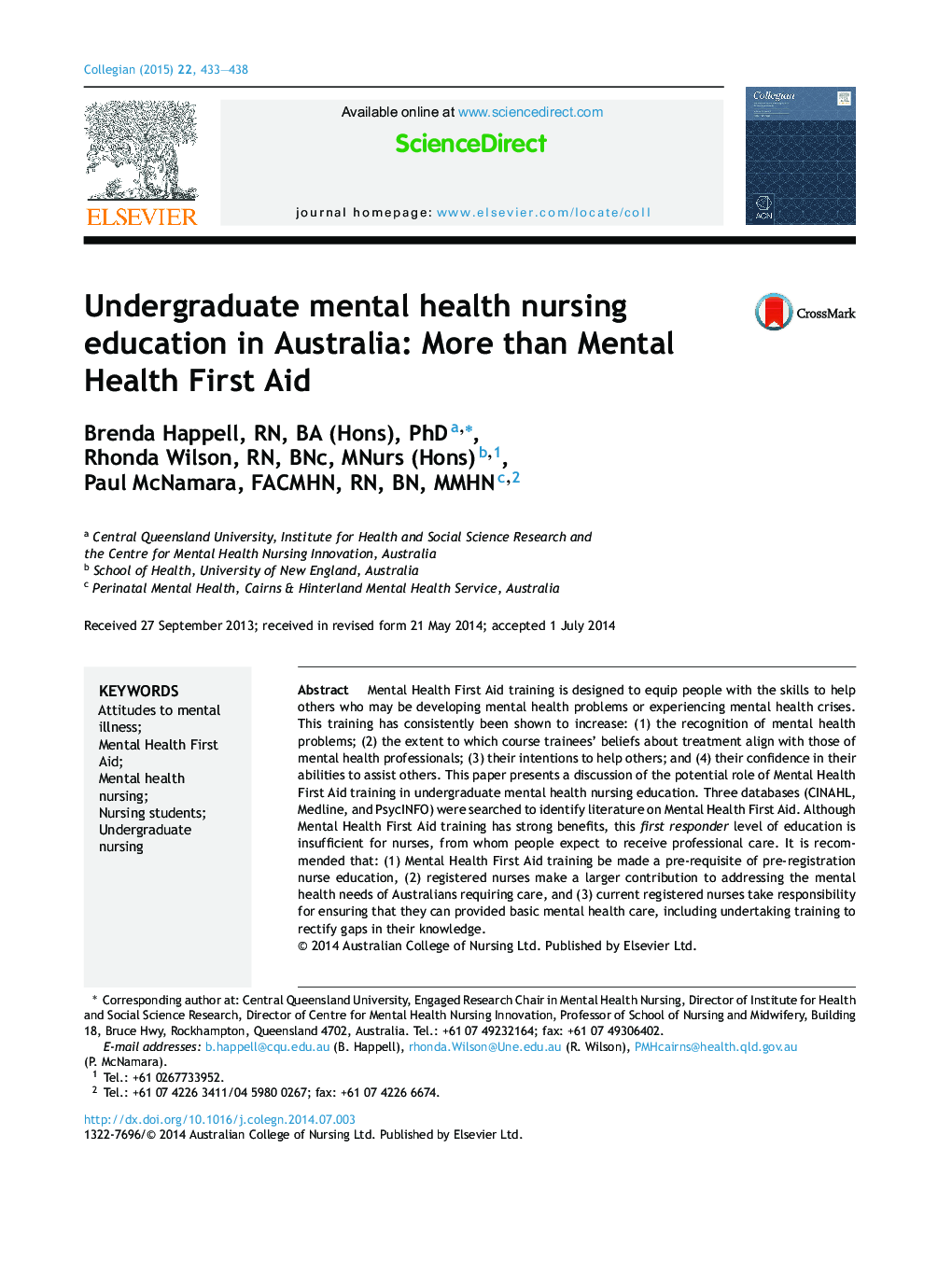 Undergraduate mental health nursing education in Australia: More than Mental Health First Aid