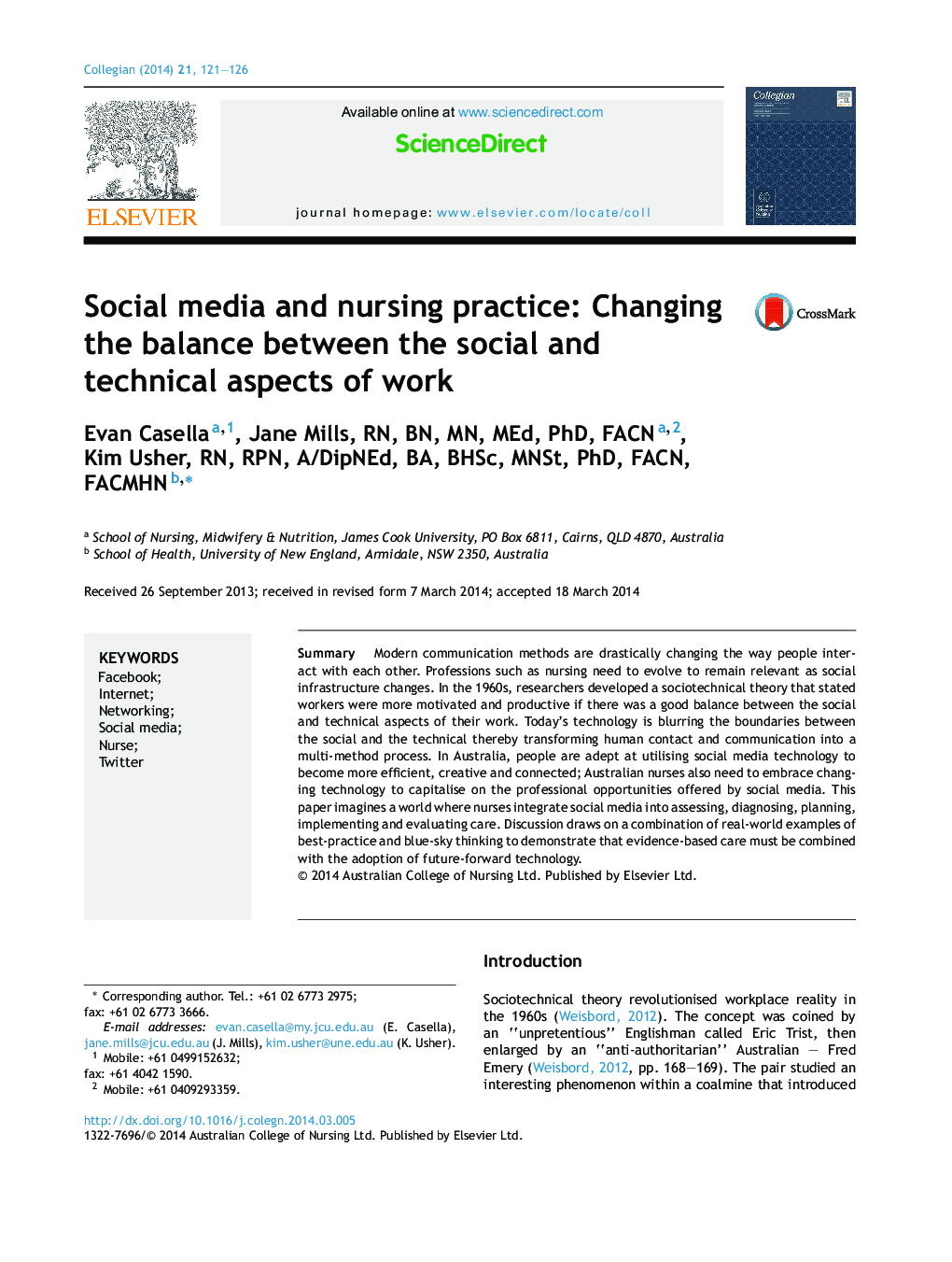 Social media and nursing practice: Changing the balance between the social and technical aspects of work