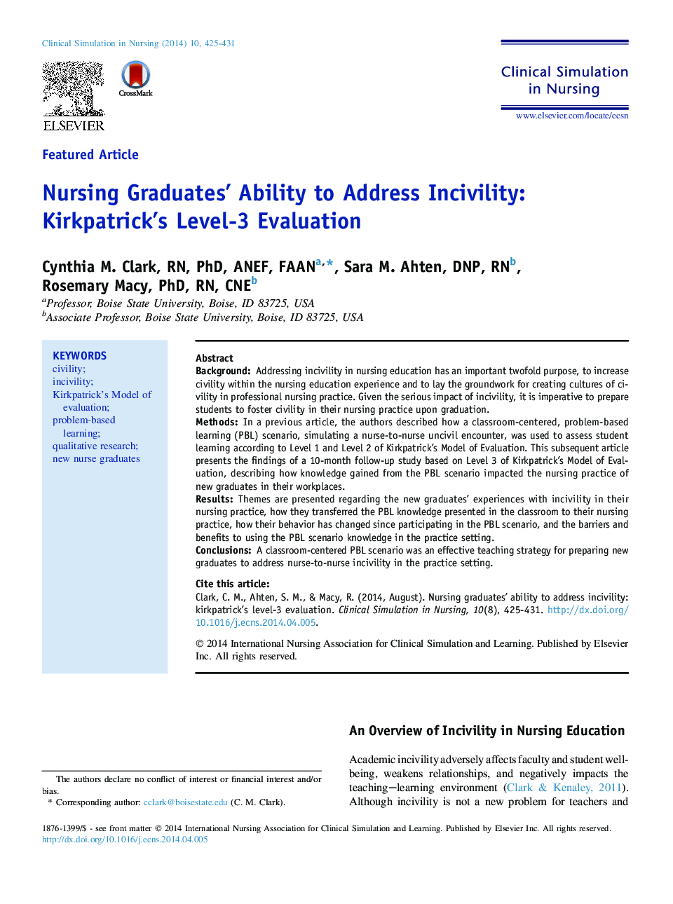 Nursing Graduates' Ability to Address Incivility: Kirkpatrick's Level-3 Evaluation