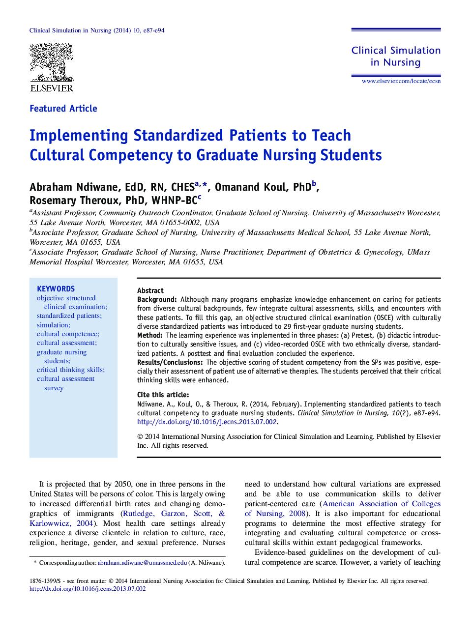Featured ArticleImplementing Standardized Patients to Teach Cultural Competency to Graduate Nursing Students