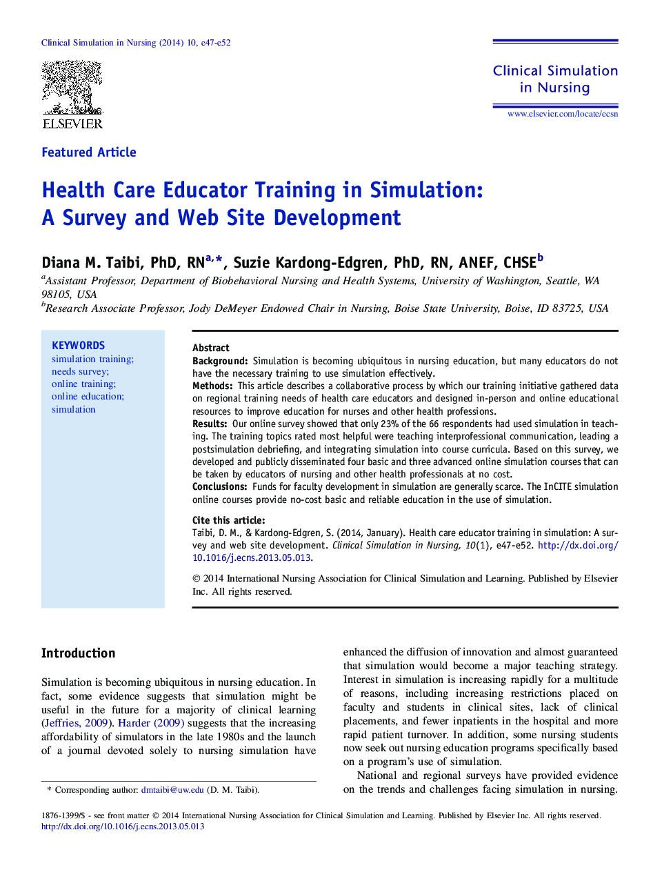 Featured ArticleHealth Care Educator Training in Simulation: A Survey and Web Site Development