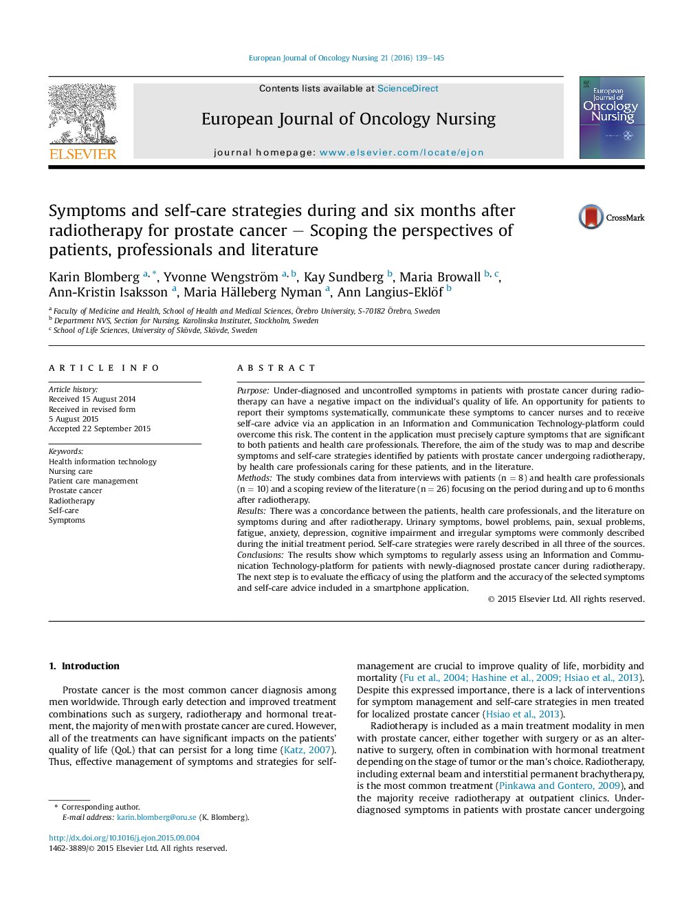 Symptoms and self-care strategies during and six months after radiotherapy for prostate cancer - Scoping the perspectives of patients, professionals and literature