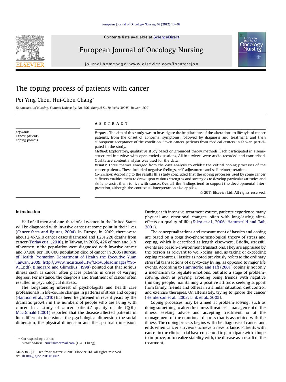 The coping process of patients with cancer