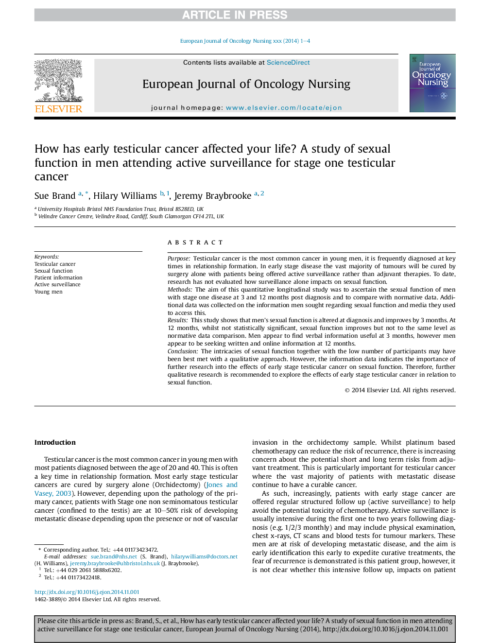 How has early testicular cancer affected your life? A study of sexual function in men attending active surveillance for stage one testicular cancer