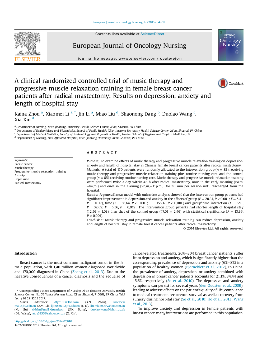 A clinical randomized controlled trial of music therapy and progressive muscle relaxation training in female breast cancer patients after radical mastectomy: Results on depression, anxiety and length of hospital stay